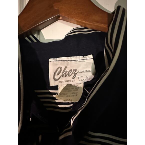 Vtg Chez California Designed By Tandy Navy White Striped Collar Neck Tie Dress - Picture 12 of 13